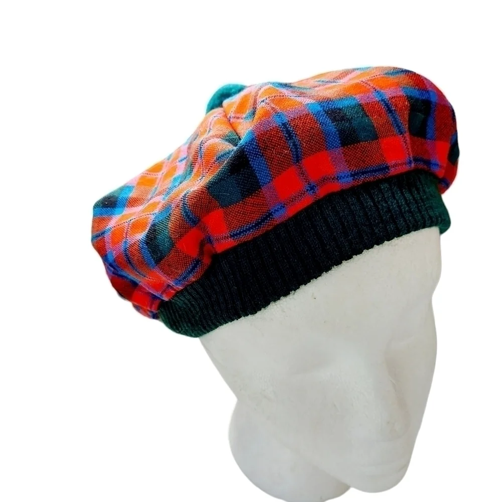 VTG Scottish Tam O'Shanter Beret Pom Pom Plaid 100% Wool Lined Made in Scotland - Picture 10 of 16